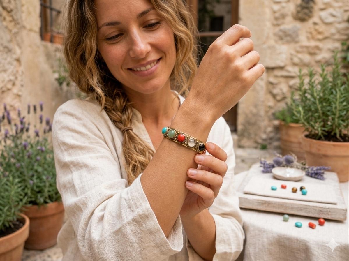Handmade Brass Cuff Bracelet with Gemstones - Adjustable Boho Style Tribal Bracelet
