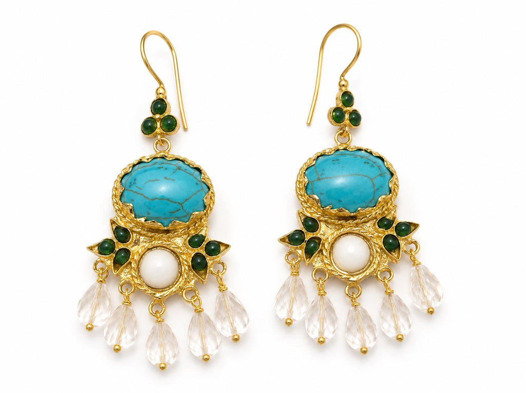 Handmade Gold Plated Bronze Turkish Earrings, Agate, Howlite, Rock Crystal Chandelier