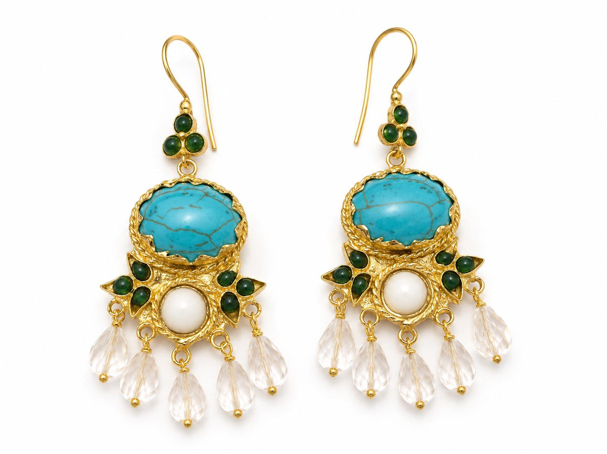 Handmade Gold Plated Bronze Turkish Earrings, Agate, Howlite, Rock Crystal Chandelier
