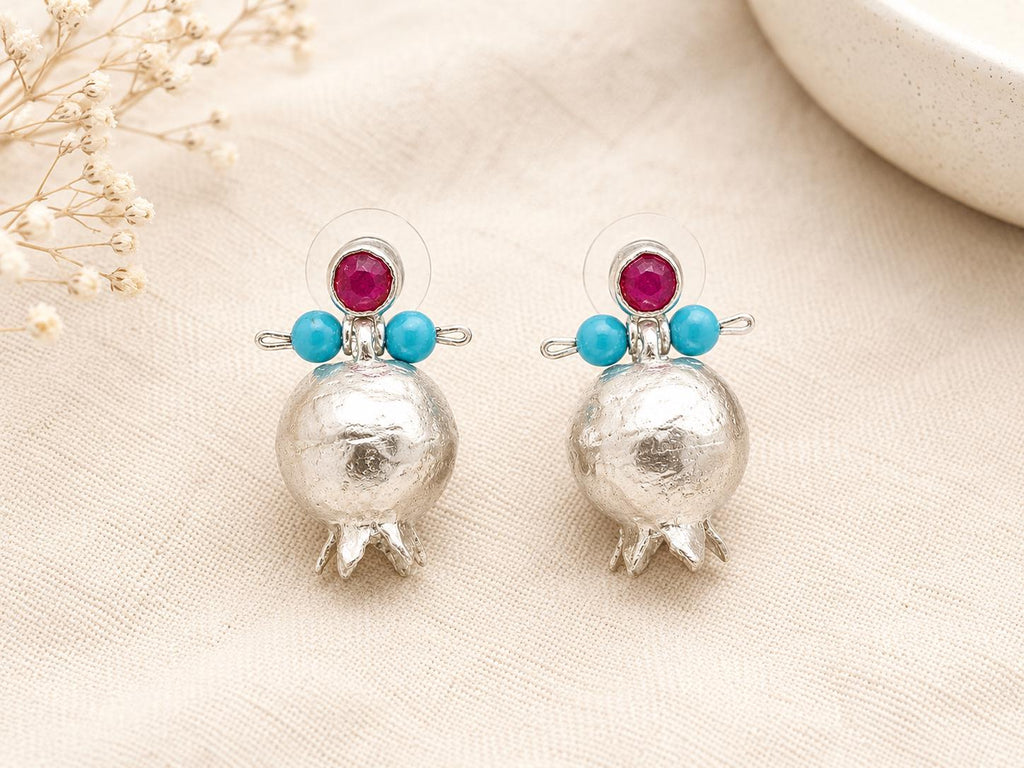 Pomegranate Earrings: Blue Howlite, Ruby Jade, Silver Plated Boho Chandelier