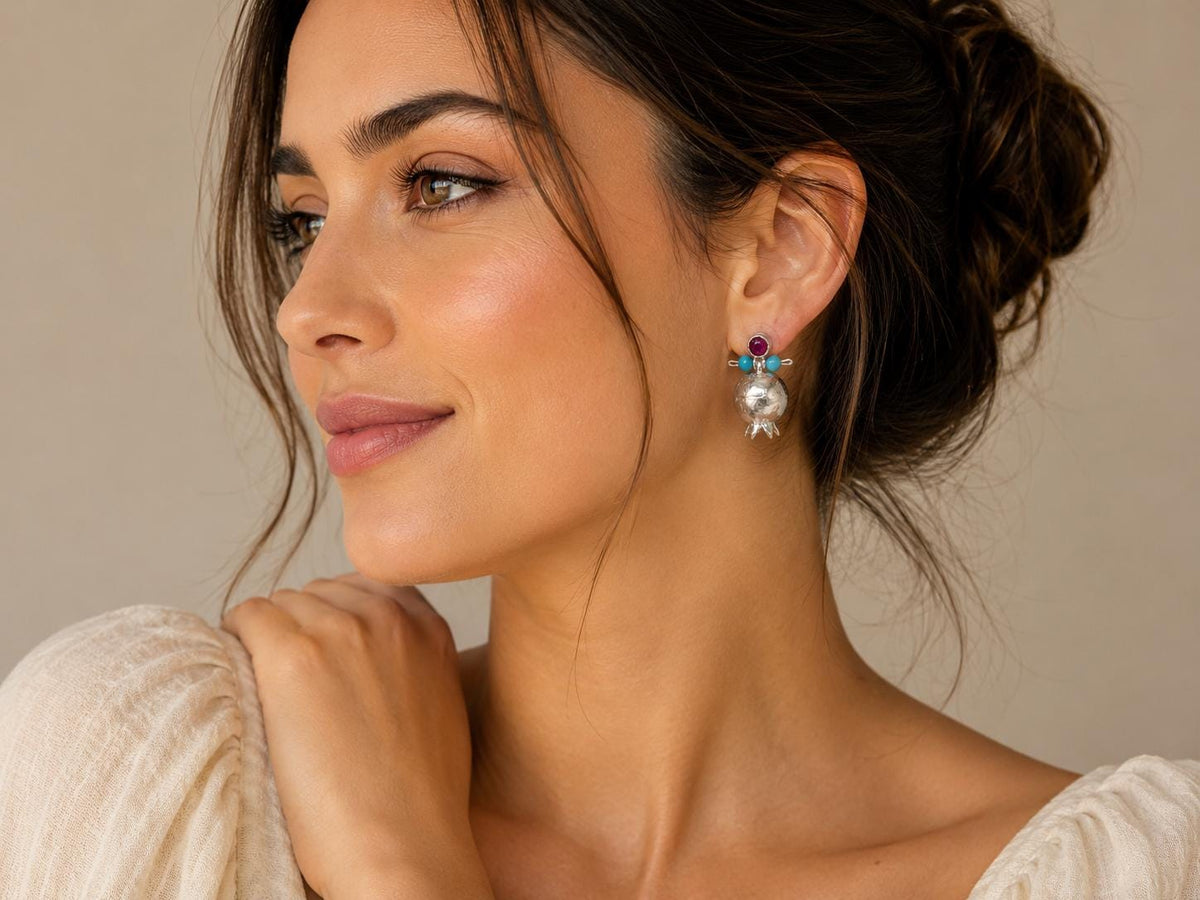 Pomegranate Earrings: Blue Howlite, Ruby Jade, Silver Plated Boho Chandelier