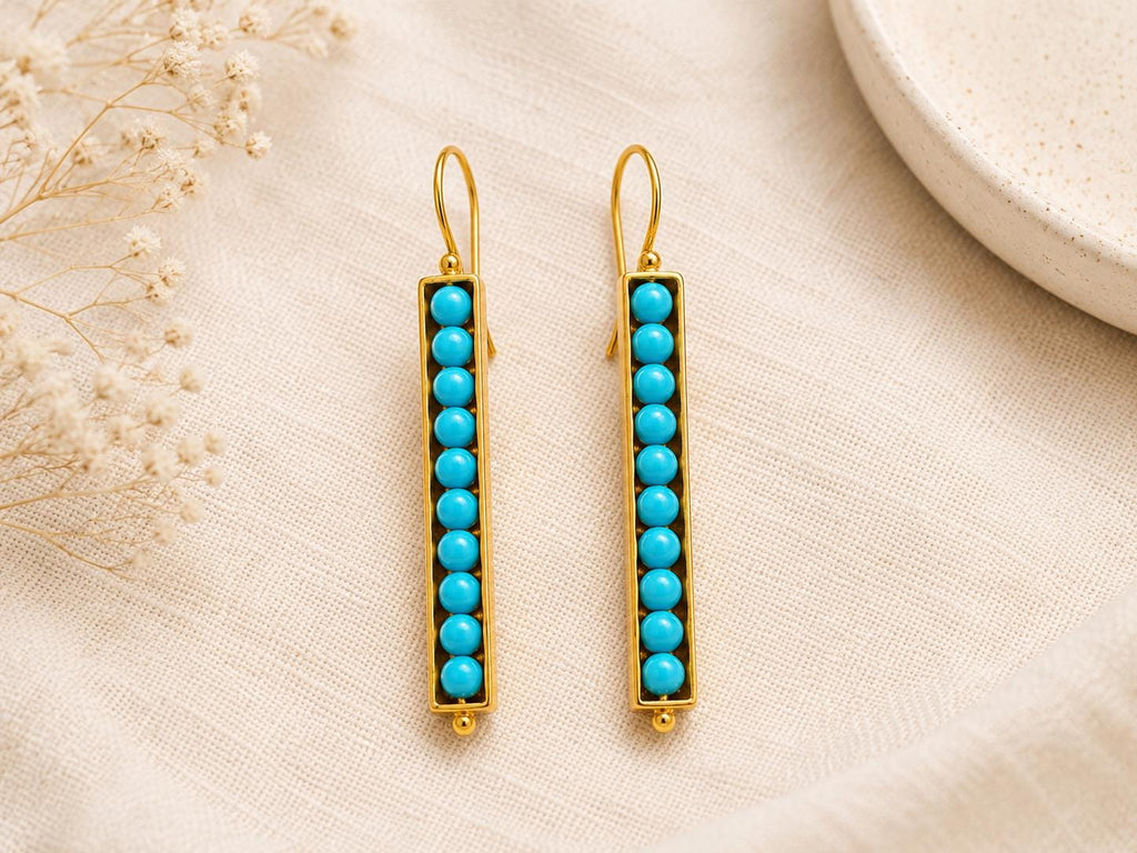 Blue Howlite Seed Pod Earrings: Gold Plated Bronze, Fertility & Prosperity Boho Turkish Gemstone