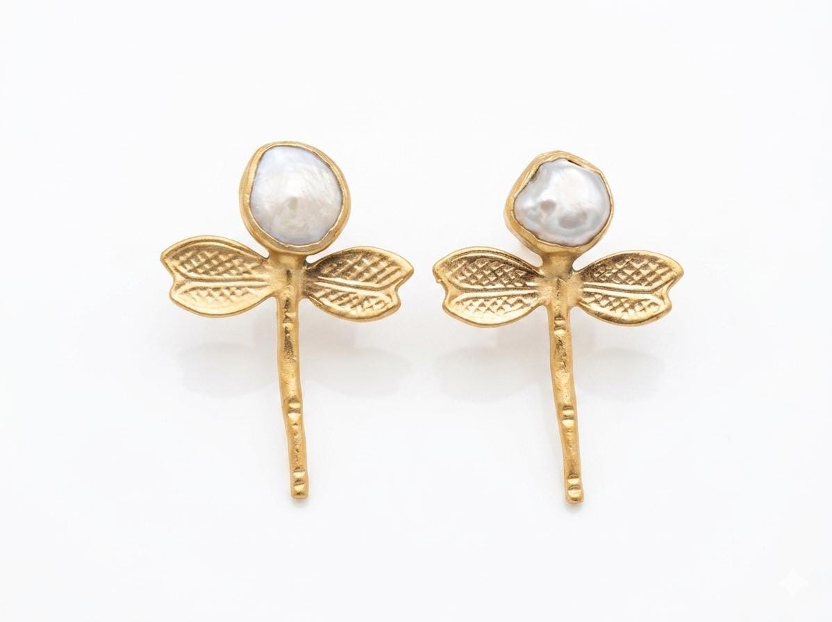 Gold Plated Pearl Dragonfly Earrings – Ottoman Style Brass Dangle Jewelry