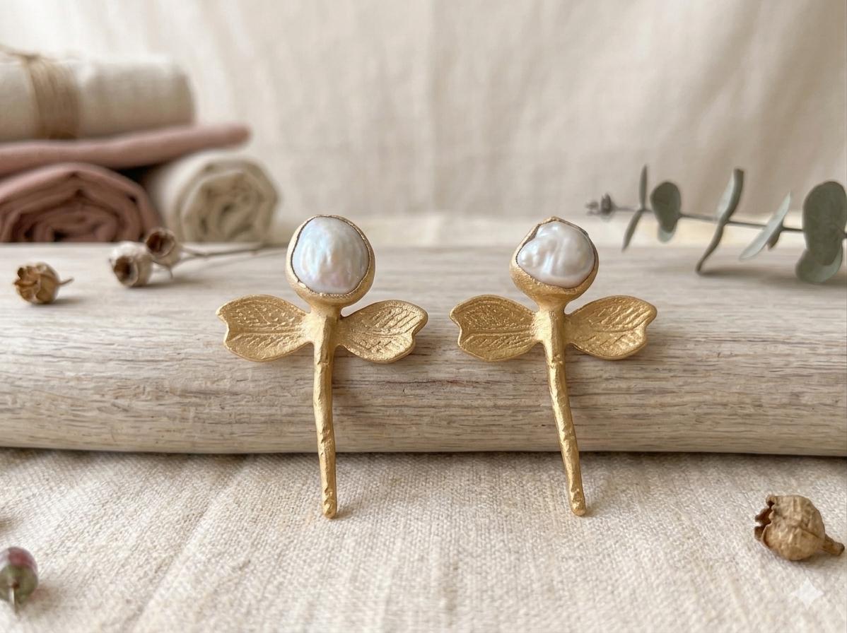 Gold Plated Pearl Dragonfly Earrings – Ottoman Style Brass Dangle Jewelry
