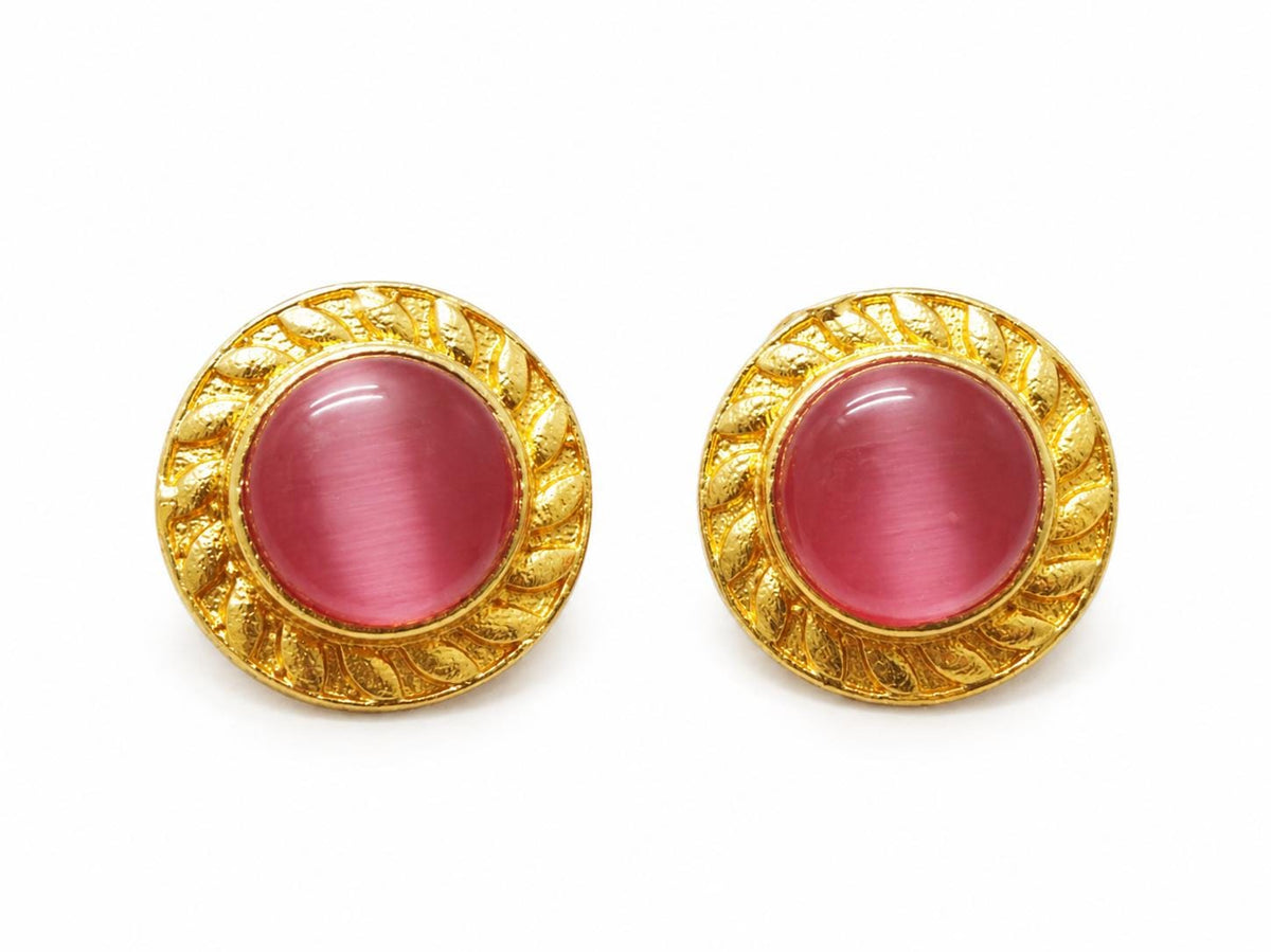Gold Plated Brass Stud Earrings with Pink Cat Eye - Hypoallergenic, Gift Packaging Included