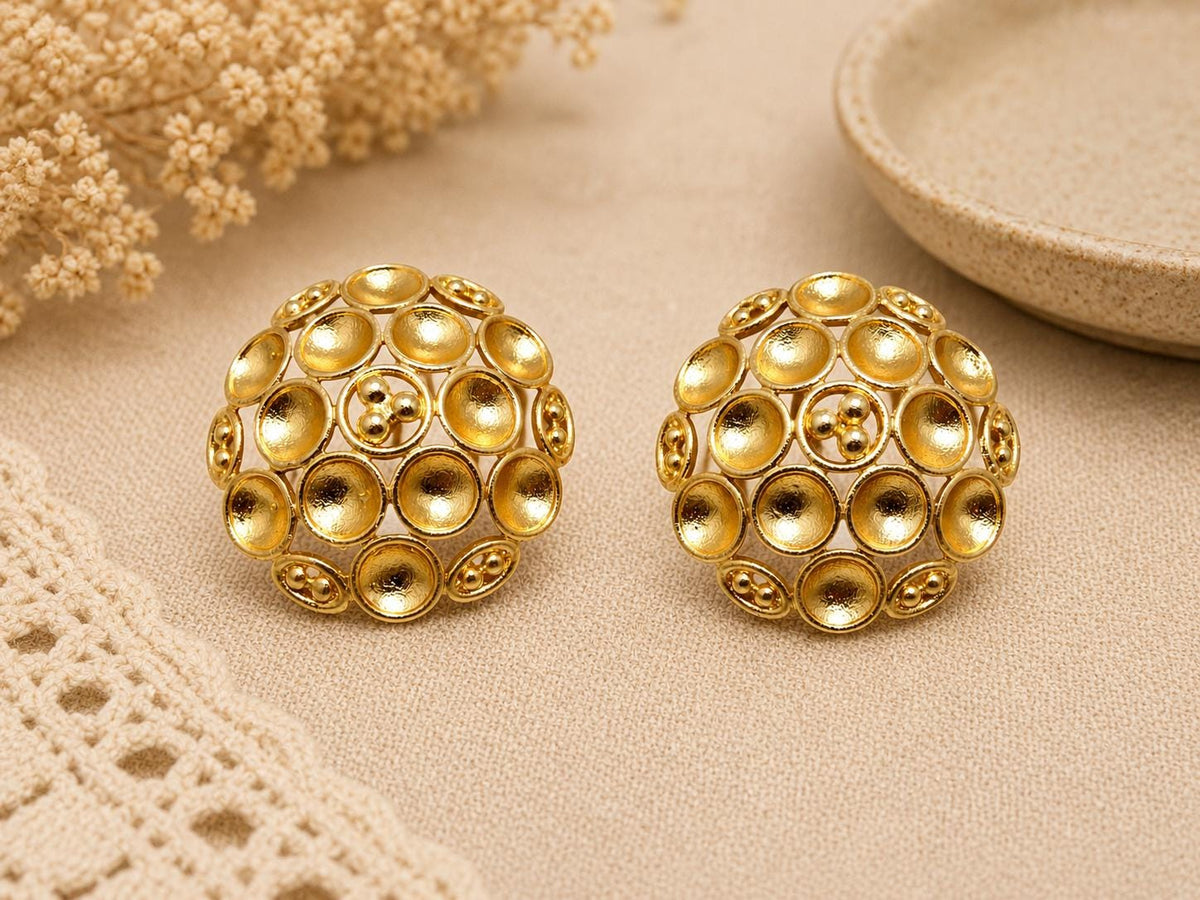 Gold Plated Openwork Earrings, Boho Lace Studs