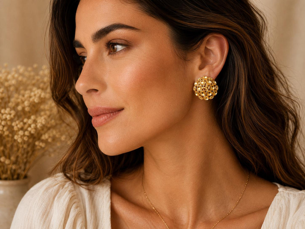 Gold Plated Openwork Earrings, Boho Lace Studs