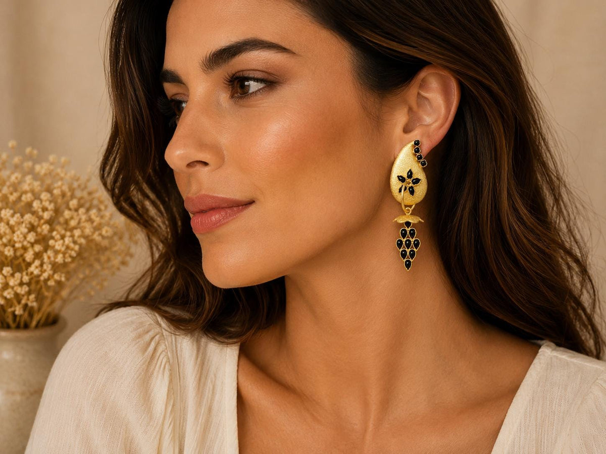Stylish Black Agate Gold Plated Brass Dangle Earrings for Everyday and Special Occasions