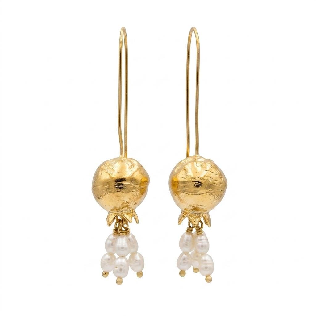 Turkish Pomegranate Pearl Earrings, Gold Plated Bronze, Boho Chic
