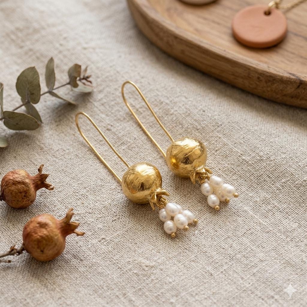 Turkish Pomegranate Pearl Earrings, Gold Plated Bronze, Boho Chic