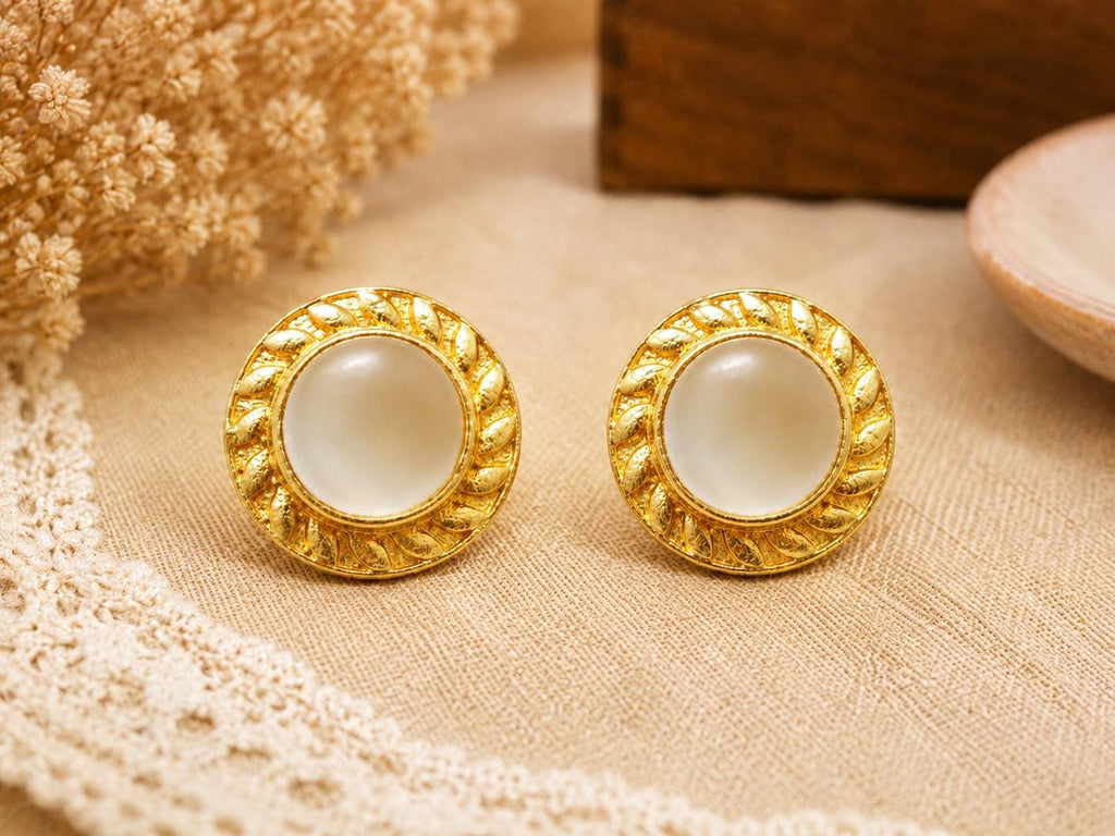 White Cat Eye Stud Earrings, Gold Plated Brass, Dainty Round Posts