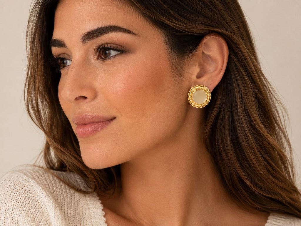 White Cat Eye Stud Earrings, Gold Plated Brass, Dainty Round Posts