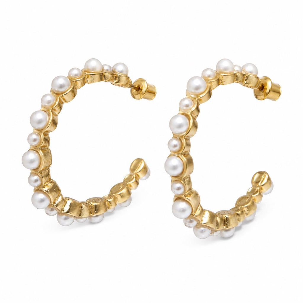 Gold Plated Pearl Hoop Earrings with Hypoallergenic Brass - Turkish Artisan Jewelry for Bridesmaids