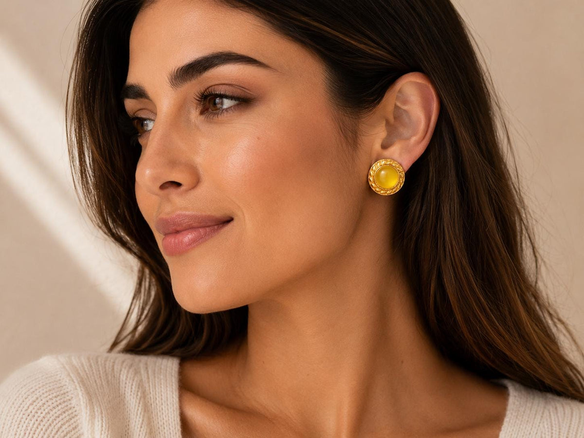 Dainty Yellow Cat Eye Stud Earrings, Gold Plated Brass