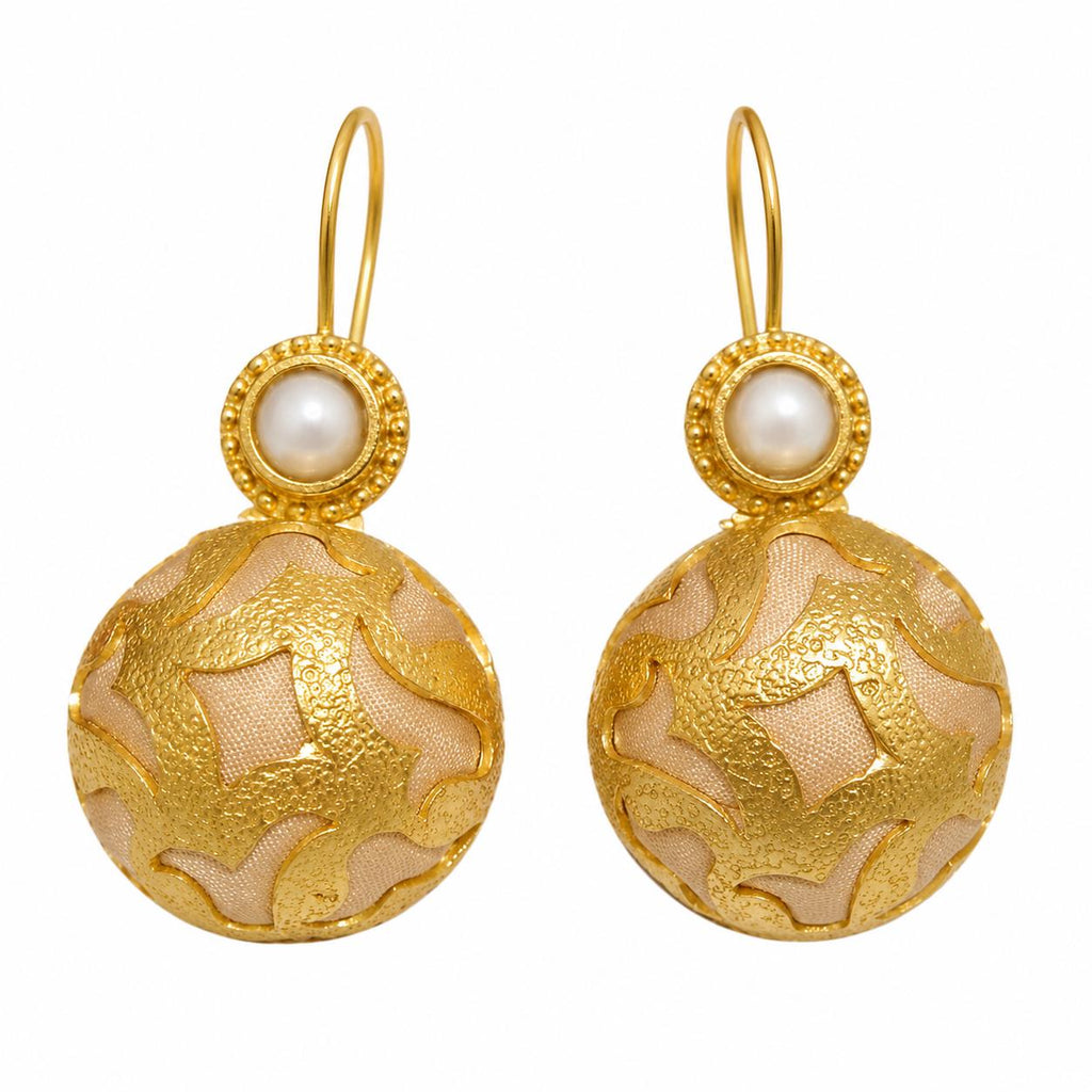 Ottoman Pearl Dangle Earrings, Turkish Beige Silk, Gold Plated
