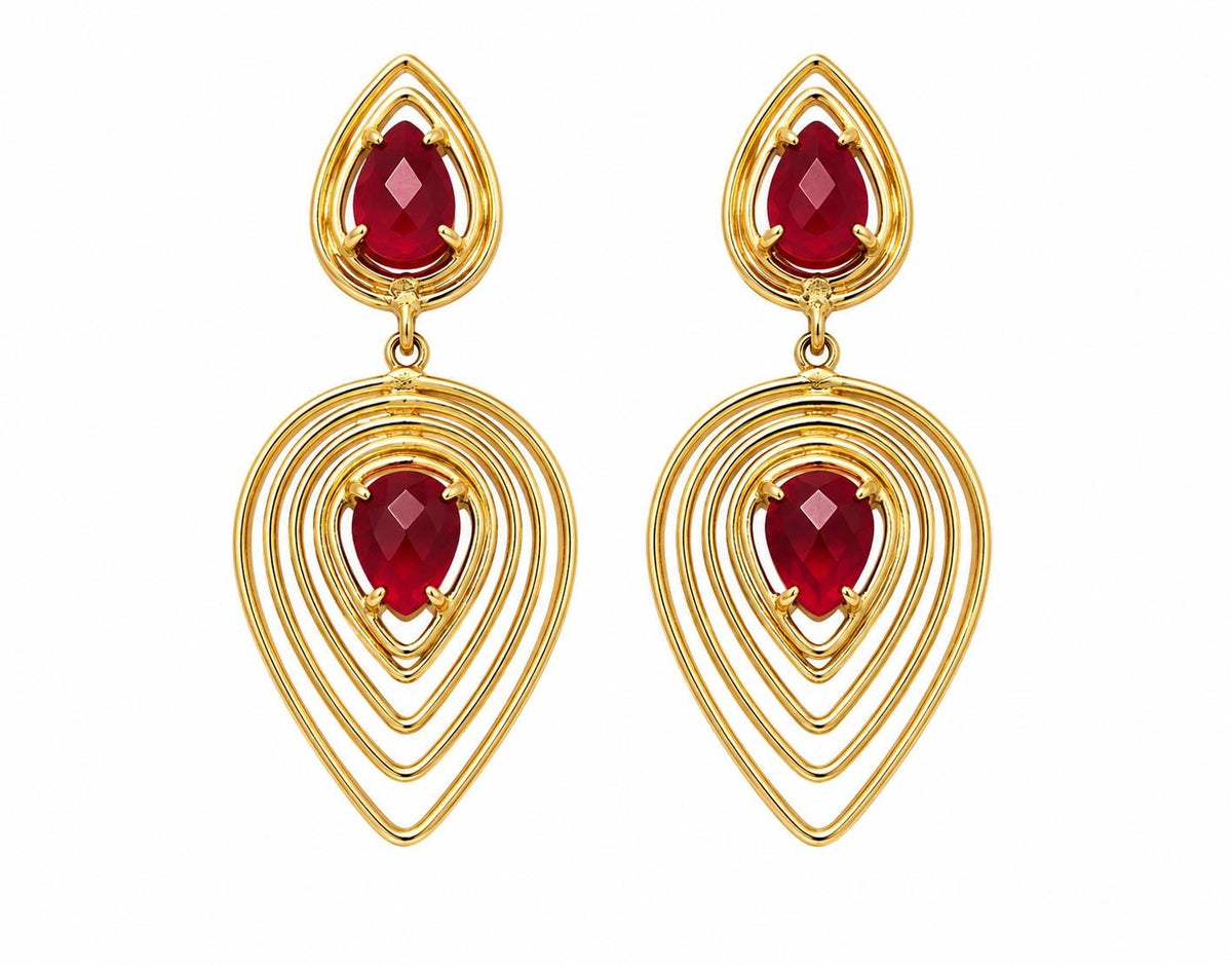 Boho Chic Garnet Drop Earrings, Gold Plated Brass, Hypoallergenic, Gift Bag Included