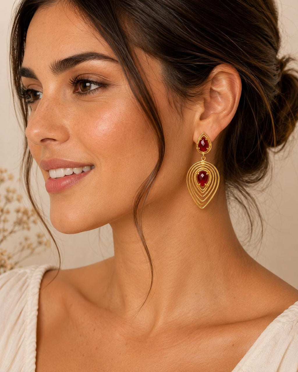 Boho Chic Garnet Drop Earrings, Gold Plated Brass, Hypoallergenic, Gift Bag Included