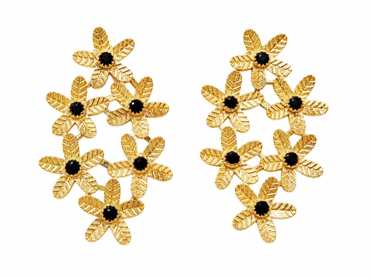 Gold Flower Earrings with Black Agate: Boho Floral Brass Jewelry