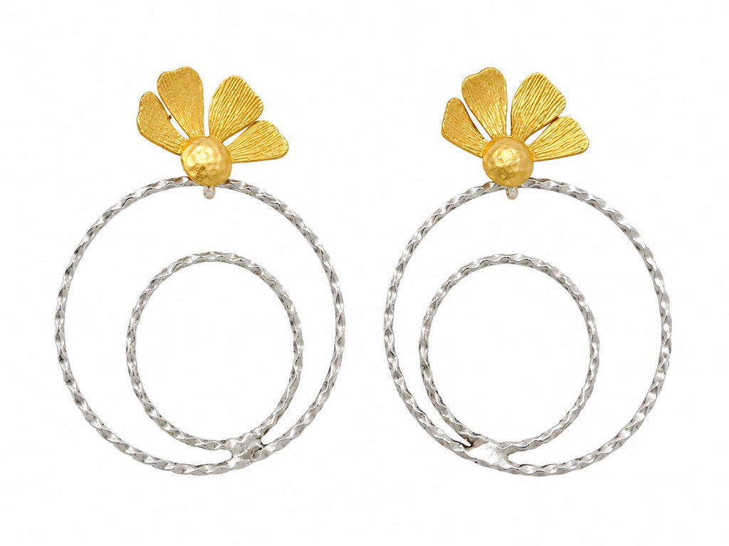 Matte Gold Turkish Flower Hoop Earrings: Hypoallergenic Brass Dangle Jewelry
