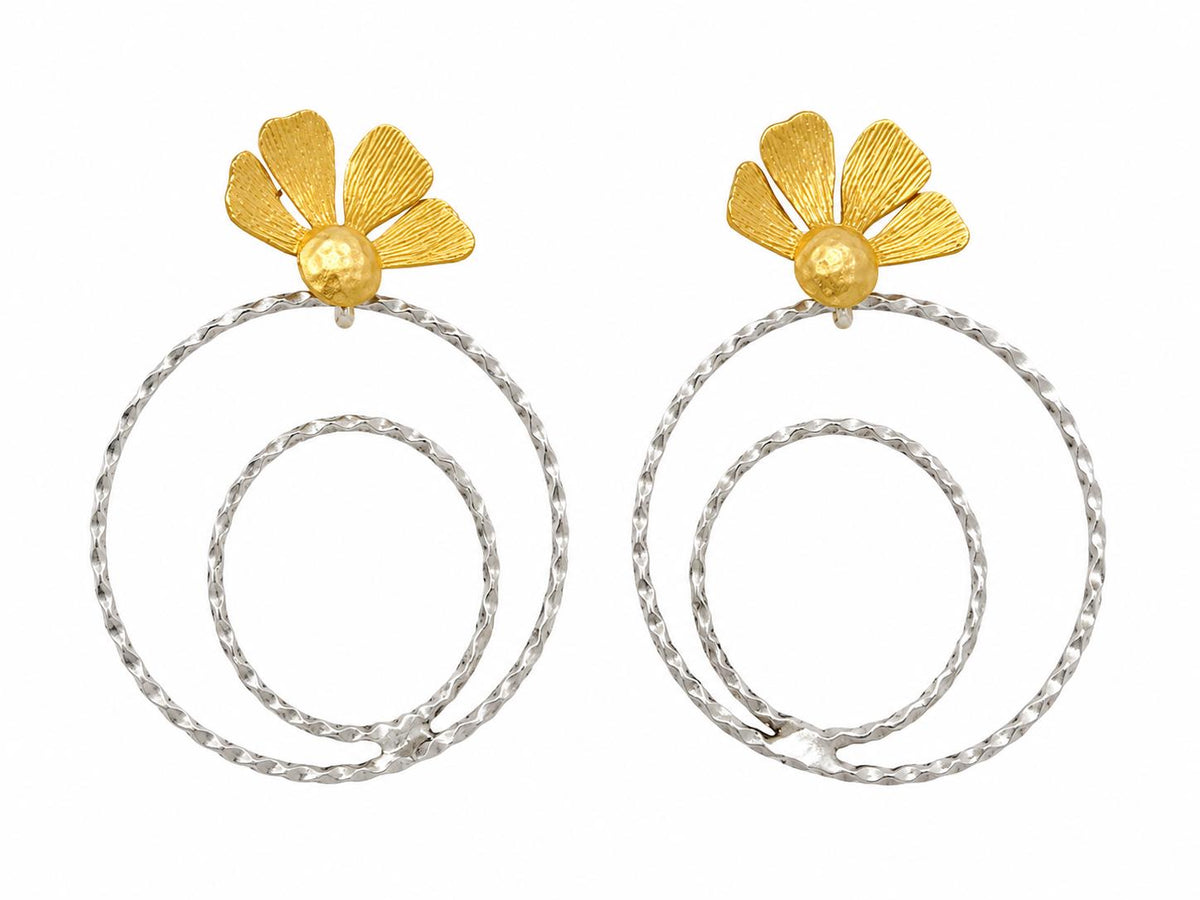 Matte Gold Turkish Flower Hoop Earrings: Hypoallergenic Brass Dangle Jewelry