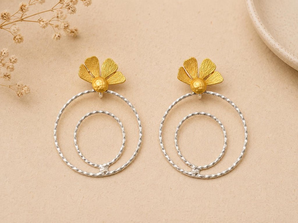Matte Gold Turkish Flower Hoop Earrings: Hypoallergenic Brass Dangle Jewelry