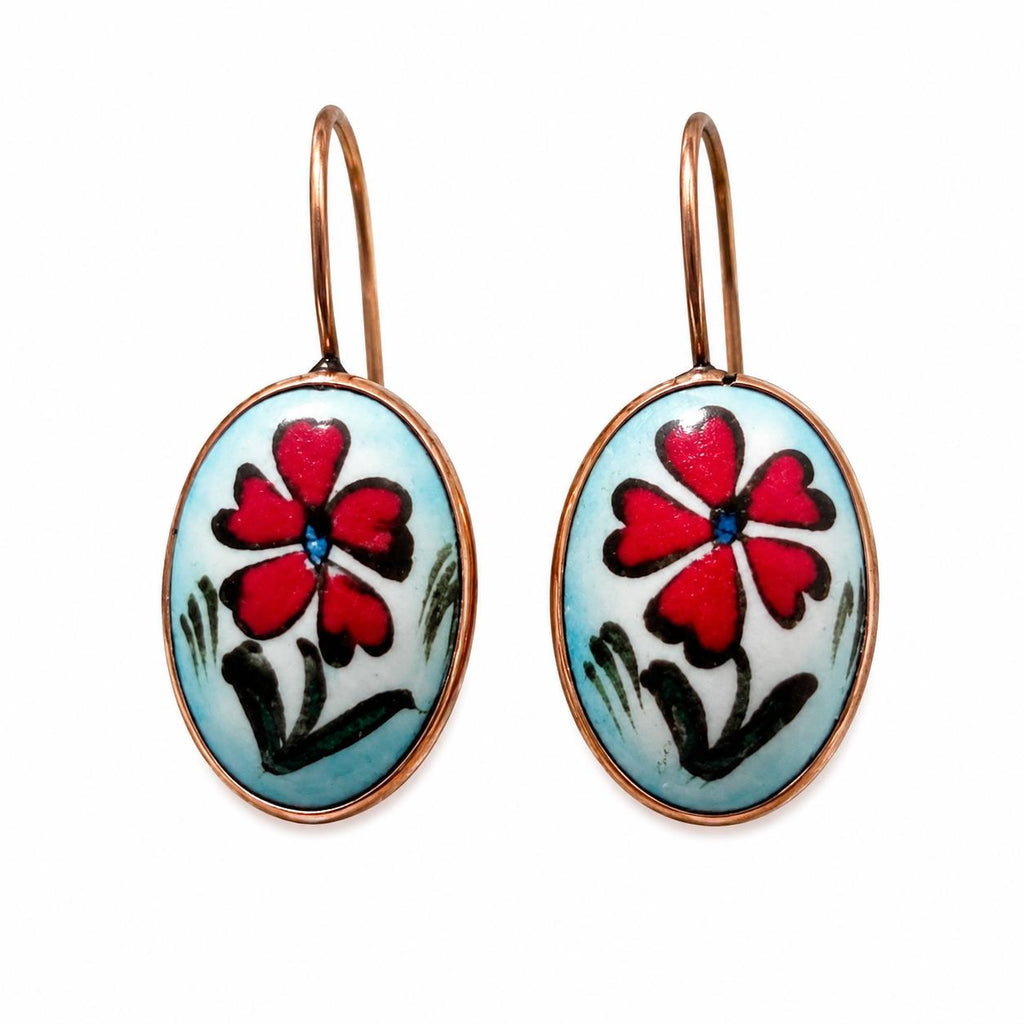 Iznik Tile Daisy Earrings, Turkish Bronze Dangle Earrings