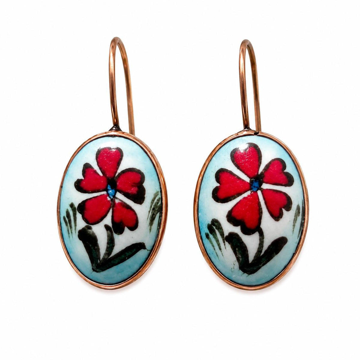 Iznik Tile Daisy Earrings, Turkish Bronze Dangle Earrings