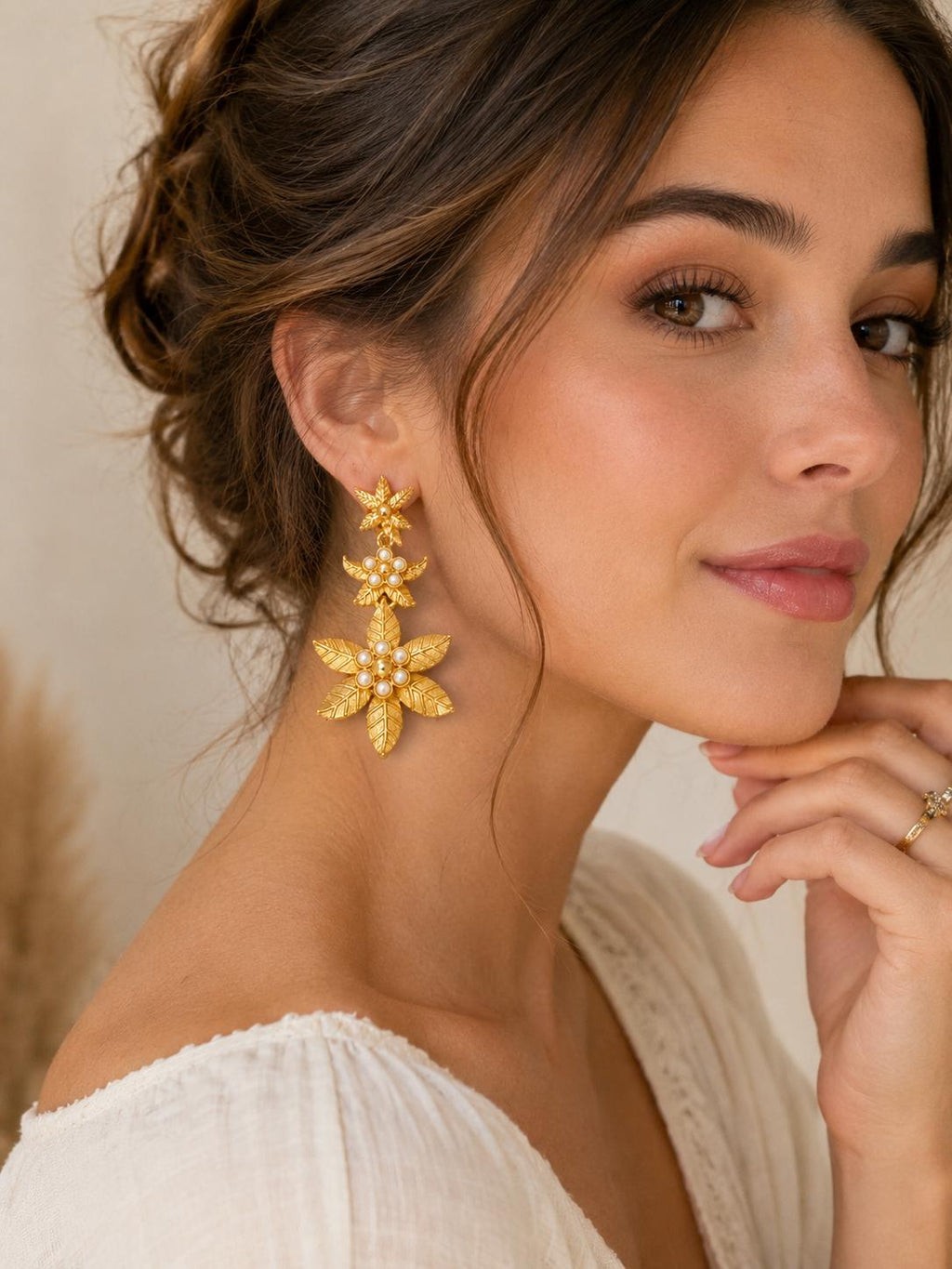 Gold Plated Ottoman Flower Earrings with Pearls – Dangle Stud Styles