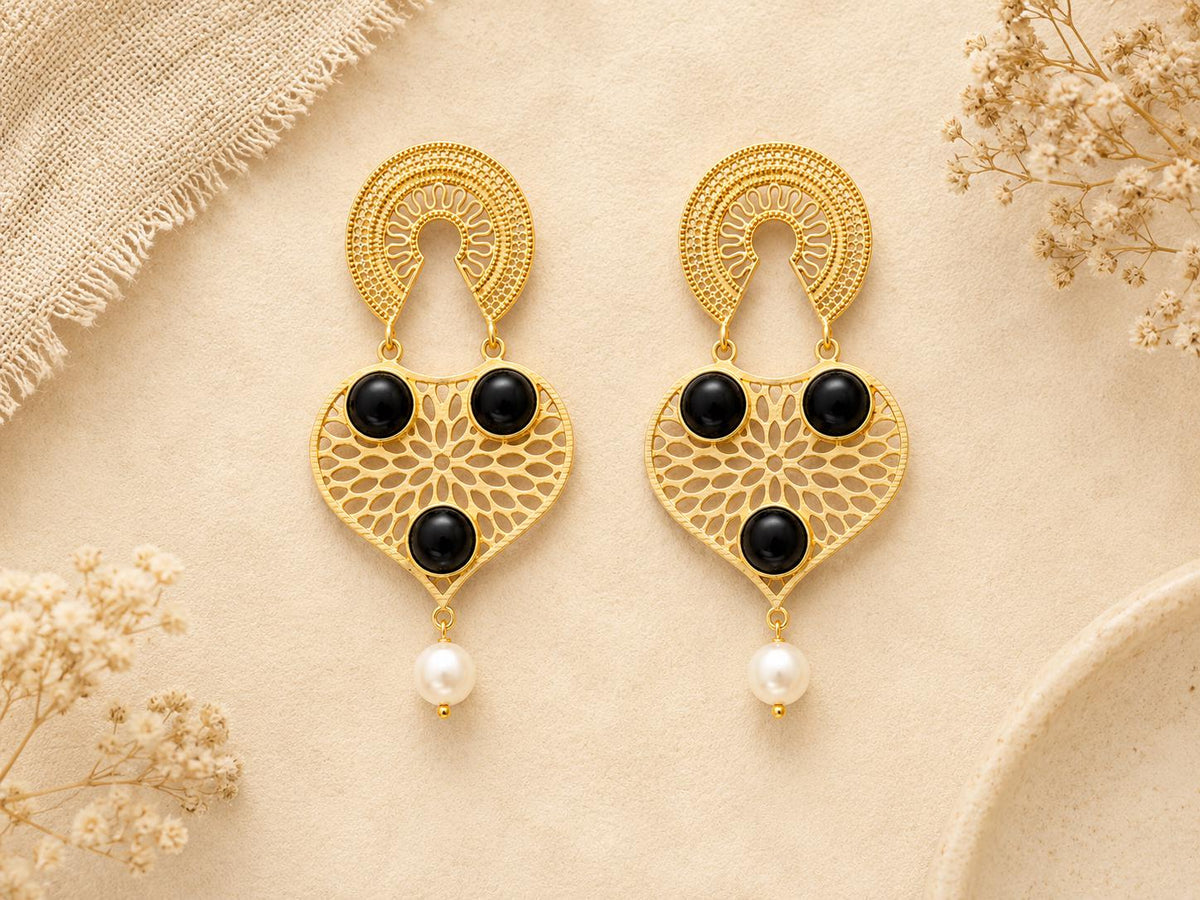 Gold Plated Black Agate Dangle Earrings, Artisan Design