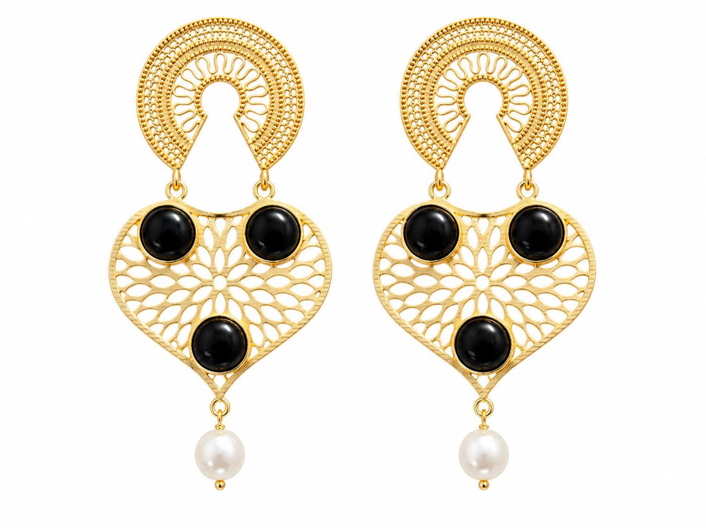 Gold Plated Black Agate Dangle Earrings, Artisan Design