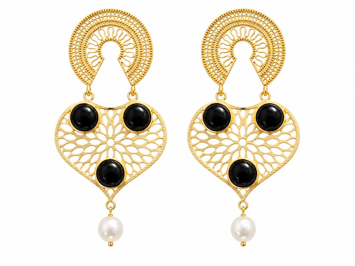 Gold Plated Black Agate Dangle Earrings, Artisan Design