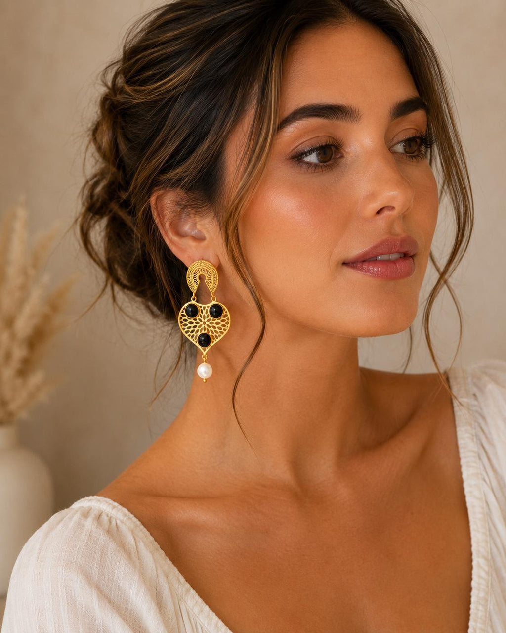Gold Plated Black Agate Dangle Earrings, Artisan Design
