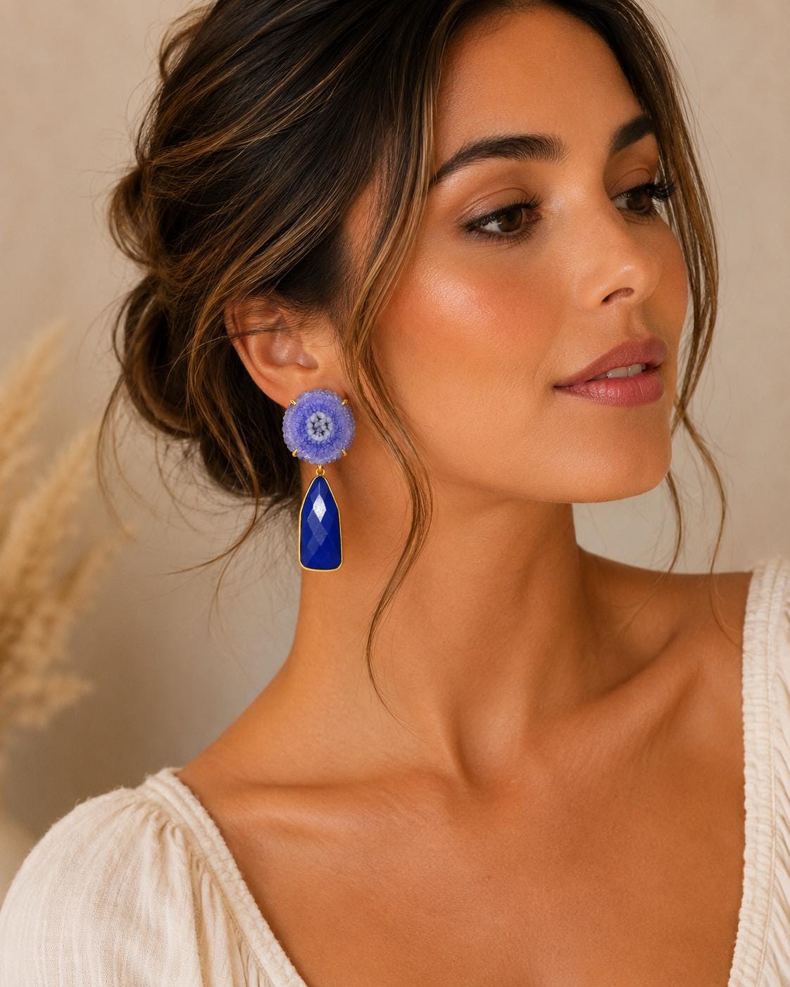 Gold Plated Solar Quartz & Blue Agate Dangle Earrings - Hypoallergenic