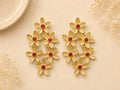 Rhinestone Ruby Brass Flower Earrings, Gold Plated Dangle Studs