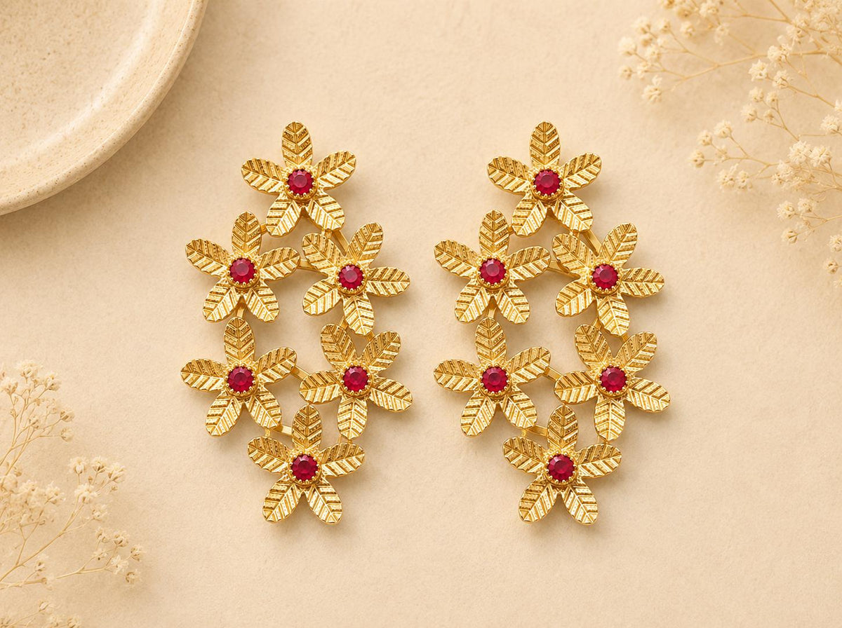 Rhinestone Ruby Brass Flower Earrings, Gold Plated Dangle Studs
