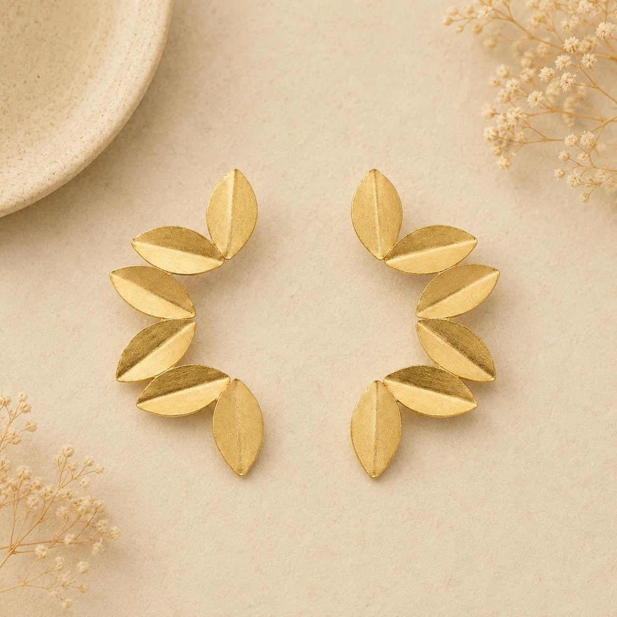 Boho Chic Gold Plated Brass Leaf Earrings, Hypoallergenic Dangle Earrings with Gift Bag