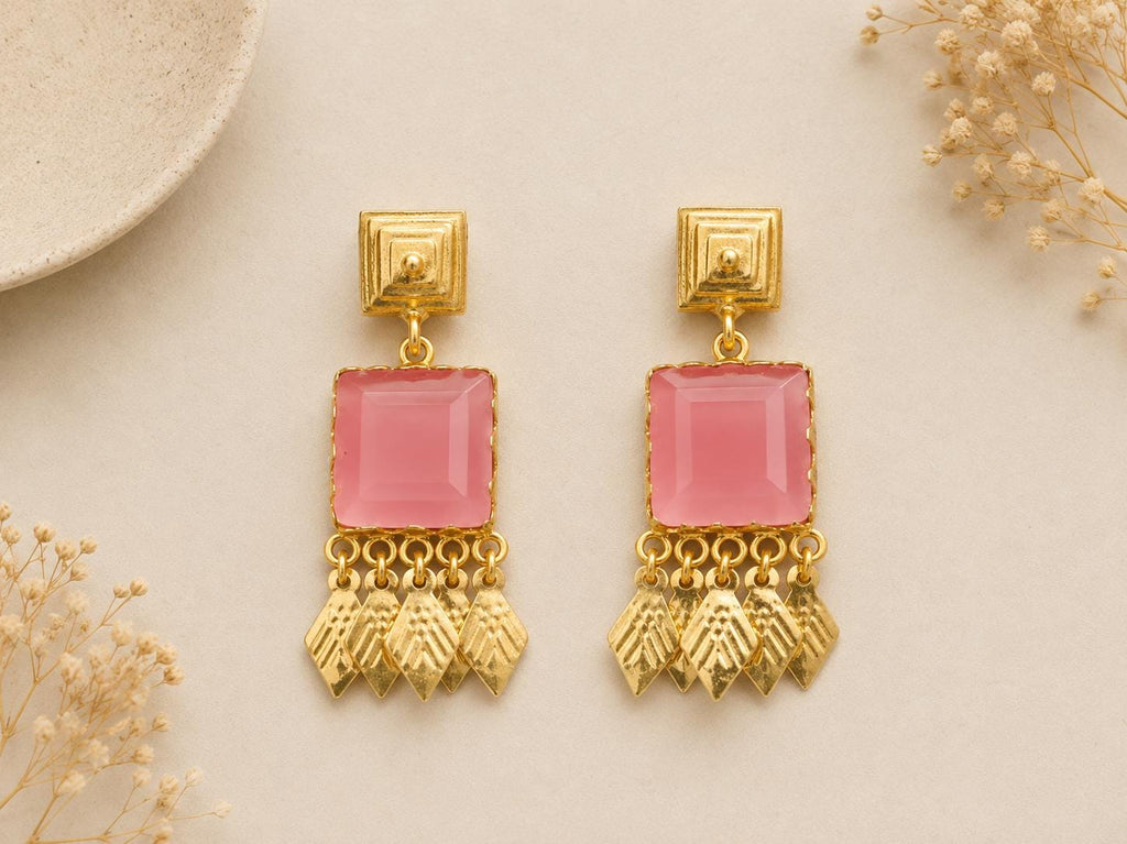 Art Deco Pink Cat Eye Chandelier Earrings, Gold Plated Brass, Hypoallergenic