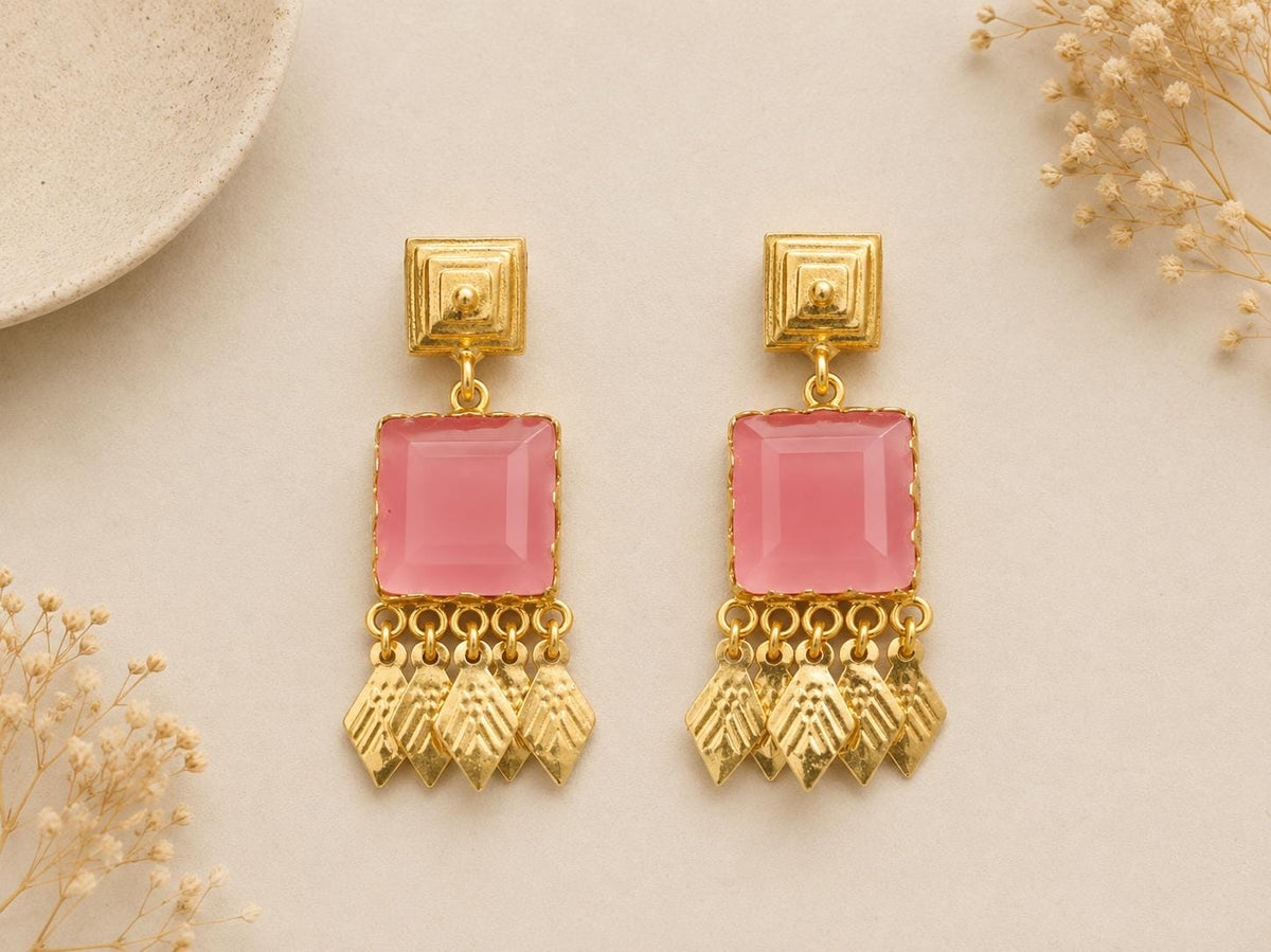 Art Deco Pink Cat Eye Chandelier Earrings, Gold Plated Brass, Hypoallergenic