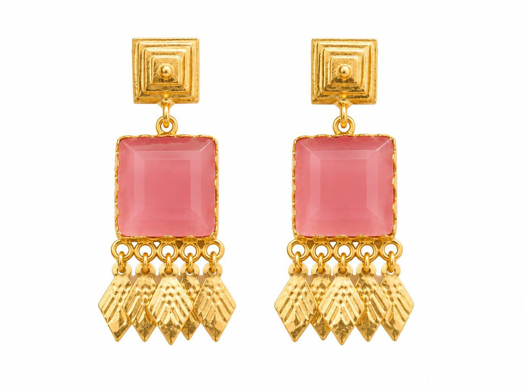 Art Deco Pink Cat Eye Chandelier Earrings, Gold Plated Brass, Hypoallergenic