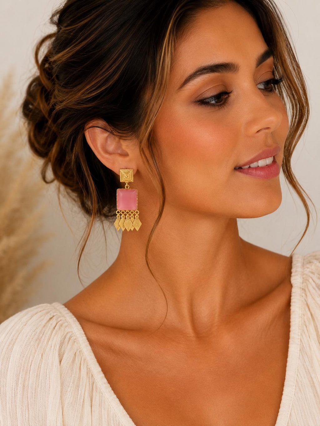 Art Deco Pink Cat Eye Chandelier Earrings, Gold Plated Brass, Hypoallergenic