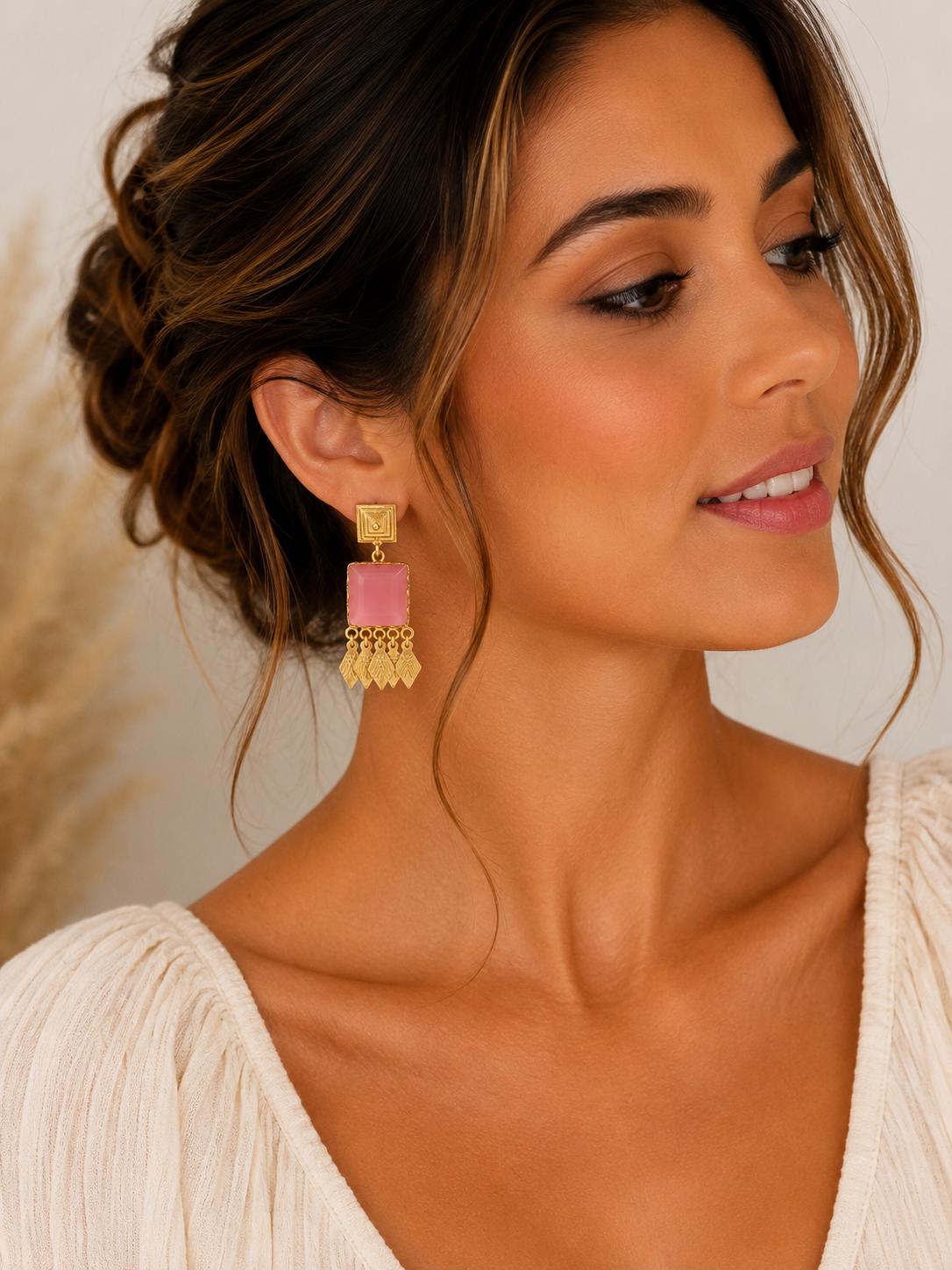 Art Deco Pink Cat Eye Chandelier Earrings, Gold Plated Brass, Hypoallergenic