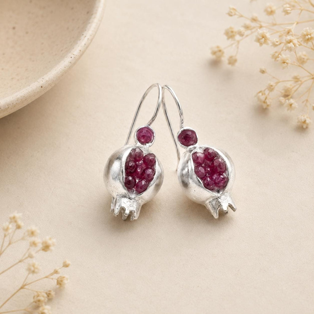 Handcrafted Pomegranate Earrings - Ruby Jade Boho Style with Greek Mythology Symbolism