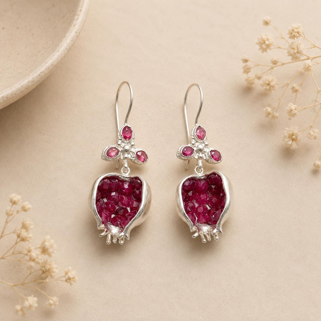 Pomegranate Earrings: Ruby Jade Bronze Silver Plated Boho Earrings