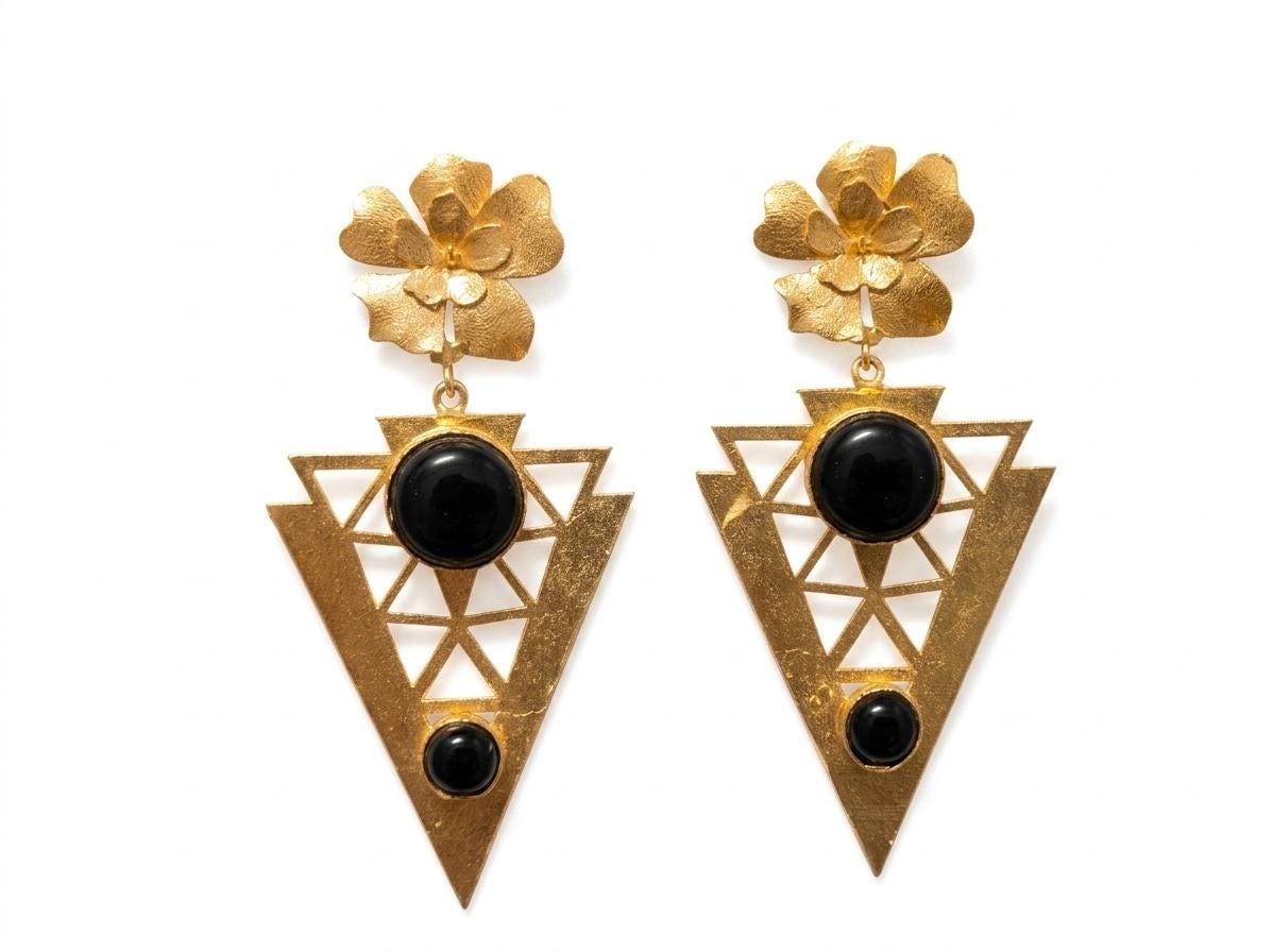 Gold-Plated Brass Earrings with Black Agate Flowers, Triangle Design – Hypoallergenic Flamenco Style