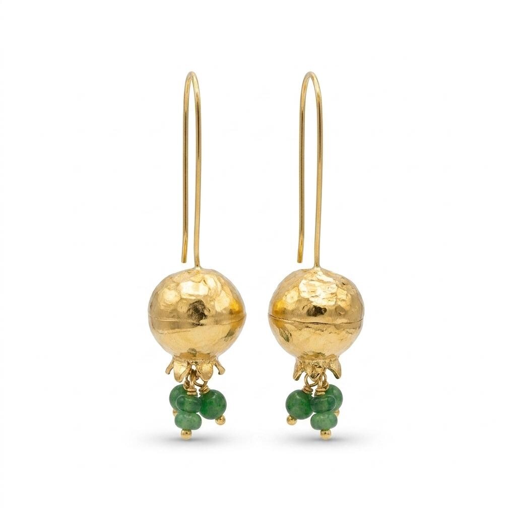 Pomegranate Earrings: Green Agate, Gold Plated Bronze, Boho Turkish Tribal Earrings