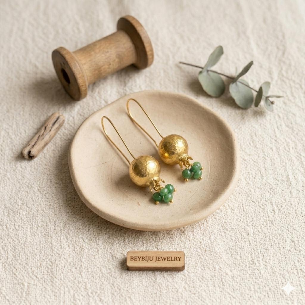 Pomegranate Earrings: Green Agate, Gold Plated Bronze, Boho Turkish Tribal Earrings