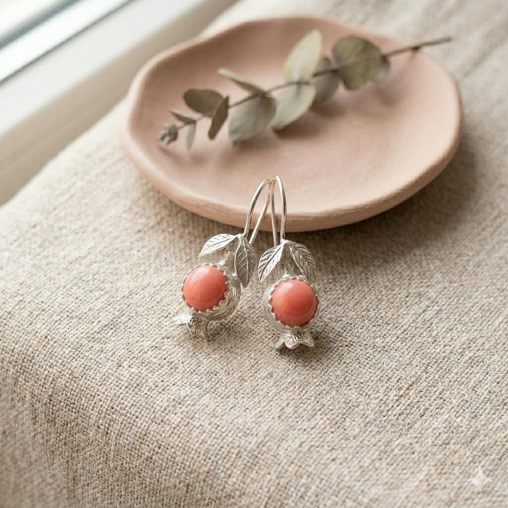 Pomegranate Earrings: Bronze Silver Plated Coral Hook Earrings