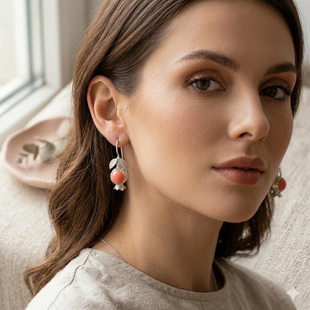 Pomegranate Earrings: Bronze Silver Plated Coral Hook Earrings