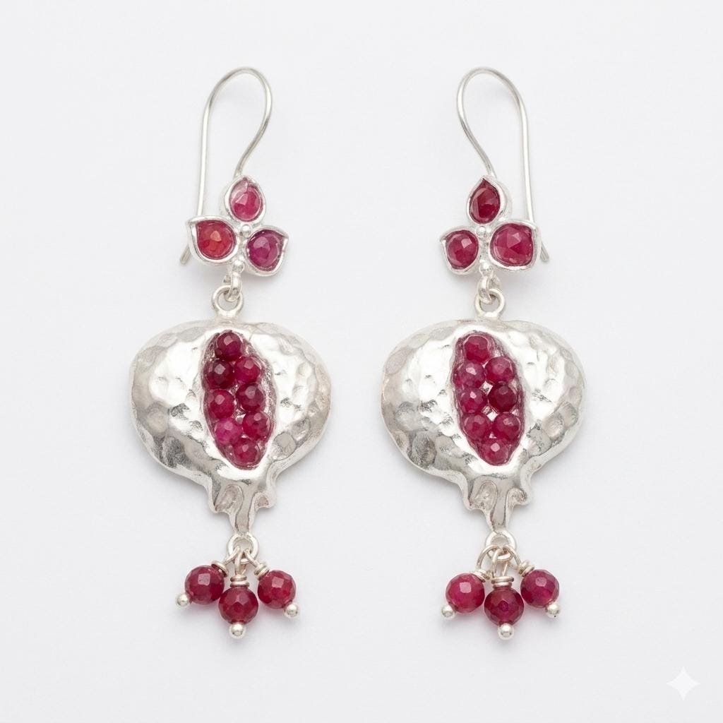 Pomegranate Hook Earrings: Ruby Jade, Silver Plated Dangle Earrings