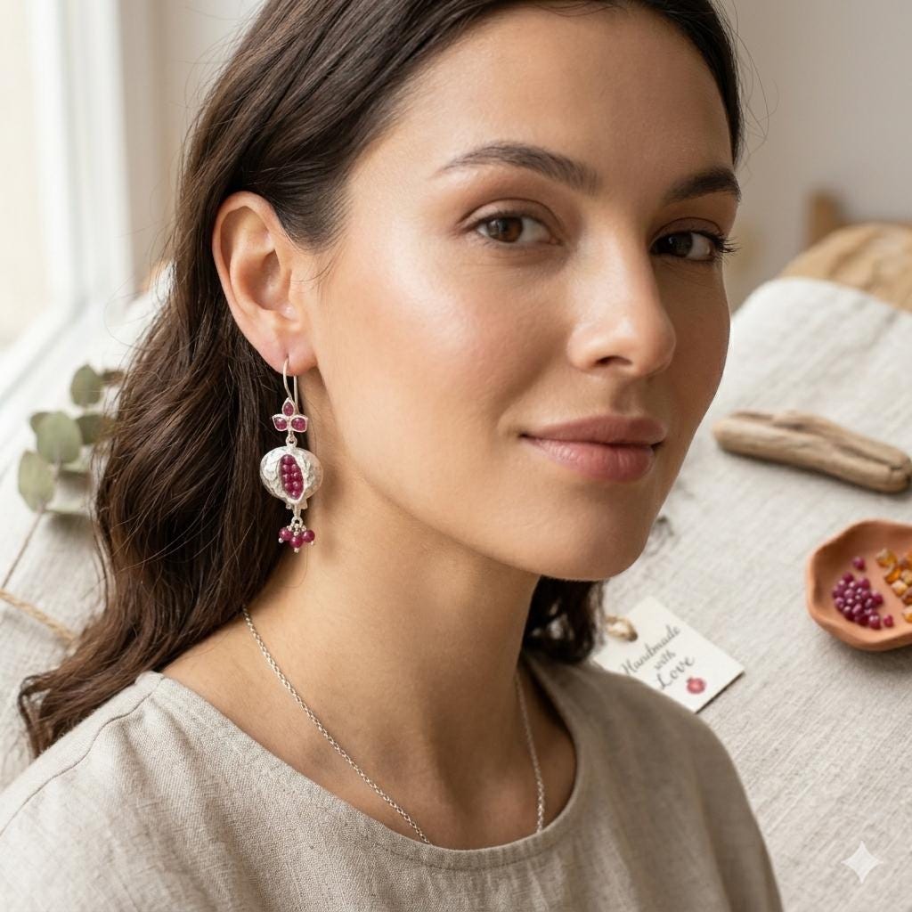 Pomegranate Hook Earrings: Ruby Jade, Silver Plated Dangle Earrings